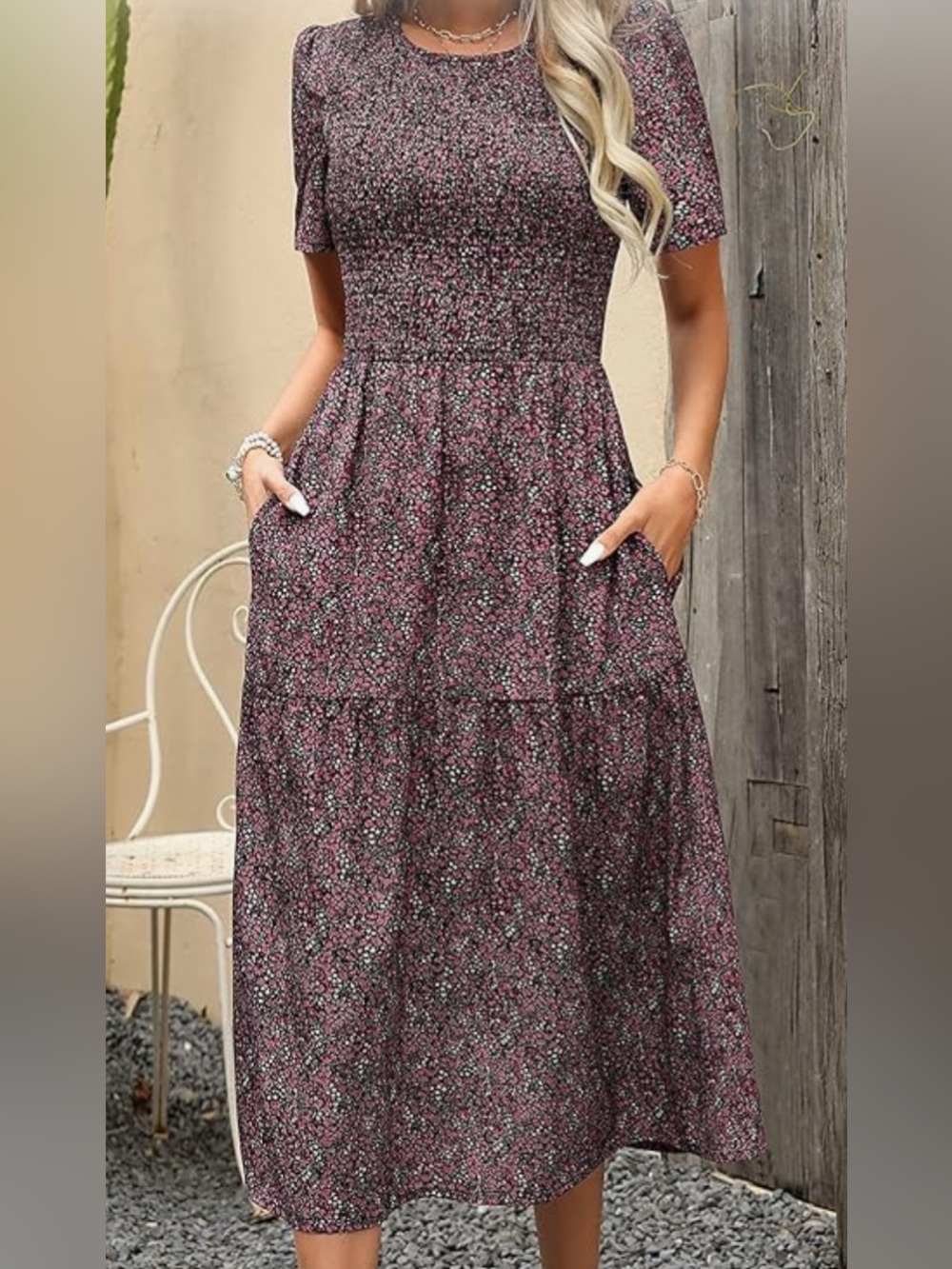 Women’s Ellakoko Floral print Short Sleeve Smocked Summer Midi Dress - Picture 3 of 9
